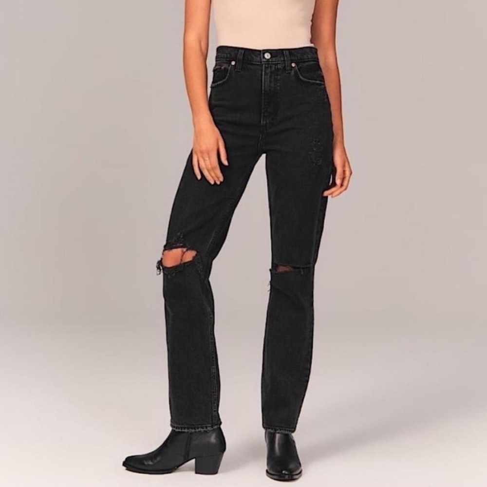 Abercrombie & Fitch Ultra High Rise Double Knee Destroy 90s Straight Jean Black